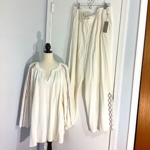 NWT SOFT SURROUNDINGS PLUS 3X MIRAGE SET(2) ECRU TOP WIDE LEG PANTS EMBROIDERY